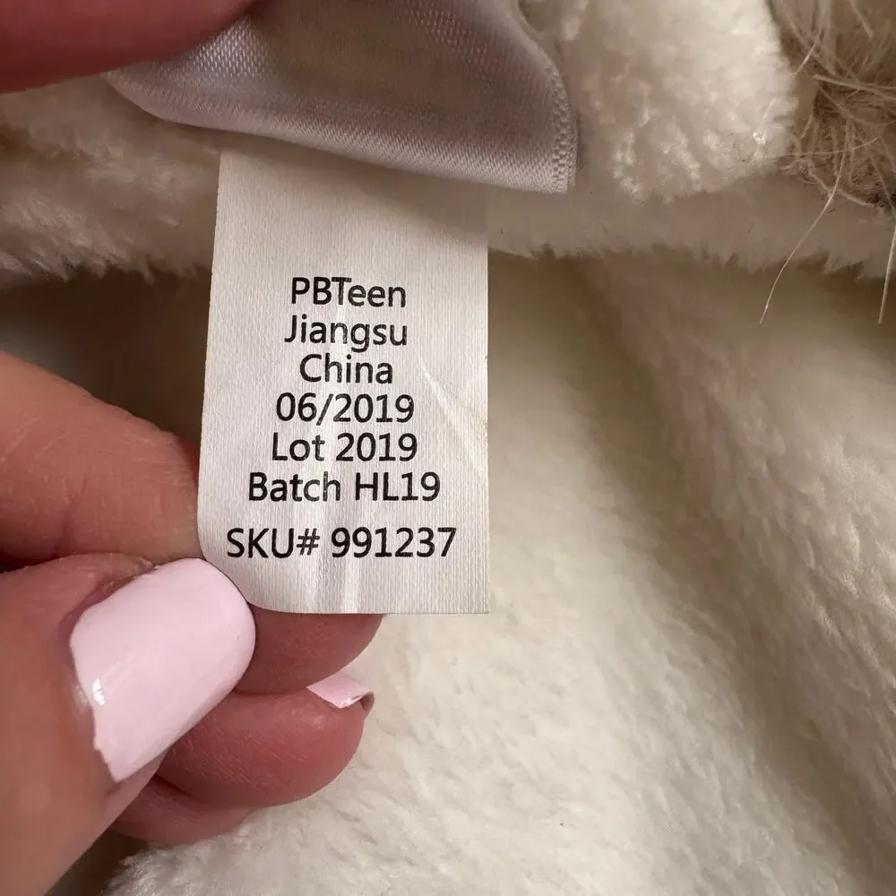 Pottery Barn PB Teen Faux Animal Fur Trim Hooded Robe Ombre Ivory Belt Tie EUC